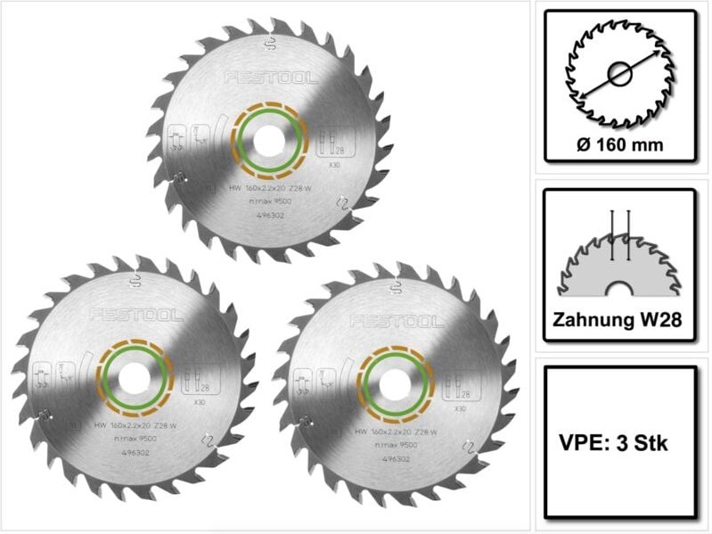 3x Festool Universal Kreissägeblatt W28 160 x 2,2 x 20 mm 160 mm 28 Zähne ( 496302 ) ts tsc atf ap