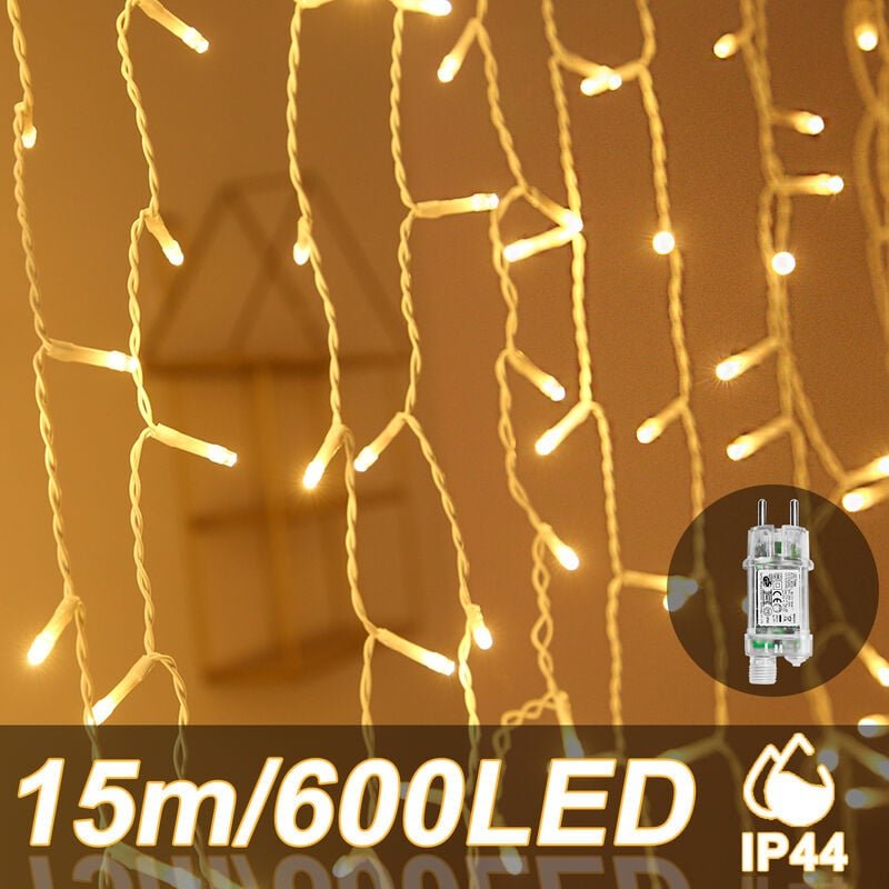 UISEBRT LED Lichterkette Lichtervorhang 15m für Außen Innen - 600 LEDs Warmweiß Lichterkettenvorhang mit 8 Modi, IP44 Wa...