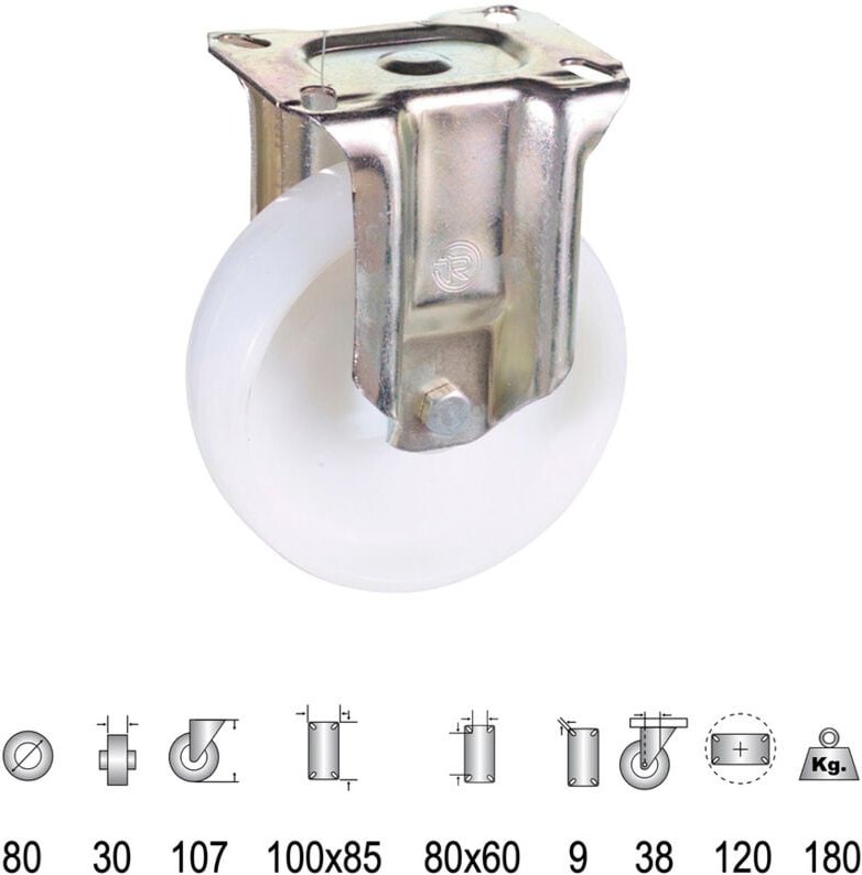 Industrielle, feststehende Rolle aus Nylon mit Platte 80 mm.