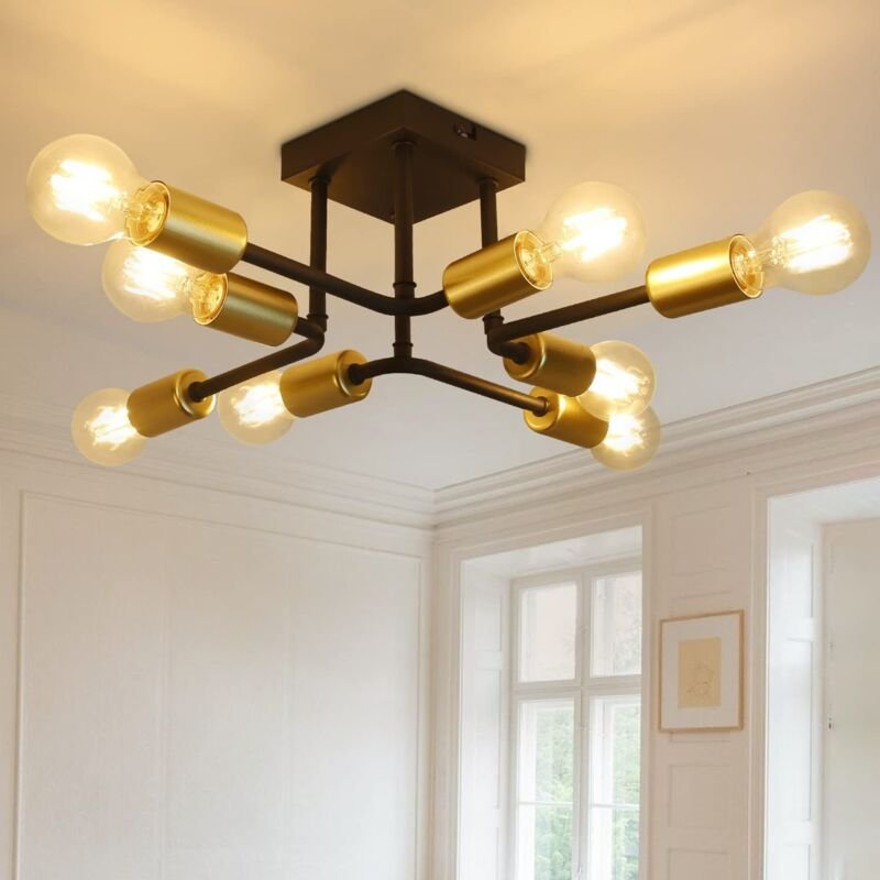 Deckenlampe Vintage Deckenleuchte Wohnzimmerlampe -Schwarz Gold E27 Industrial 8 Flammig Schlafzimmerlampe Retro für Woh...