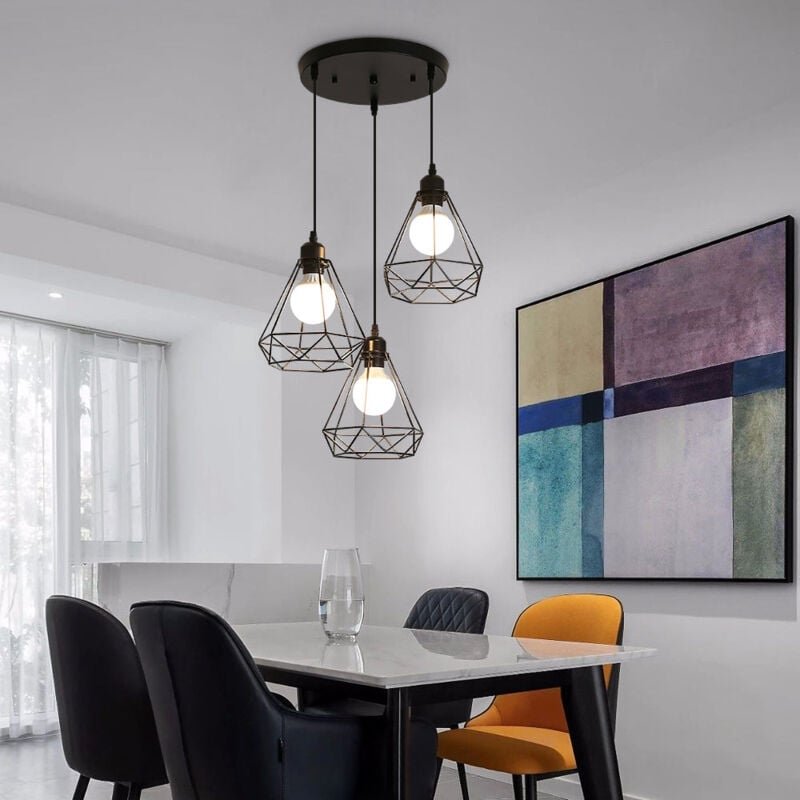 GOECO LED Pendellampe, 3 flammige Vintage Pendelleuchte, Retro Hängelampe,3x E27, Max 60 Watt, Schwarz