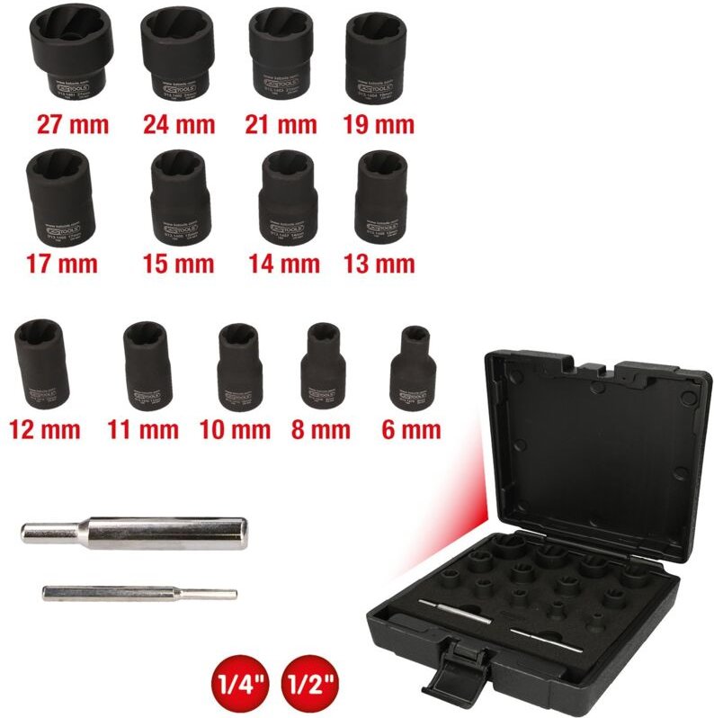 1/4"+1/2" Spiral-Profil-Kraft-Stecknuss-Satz, 15-tlg