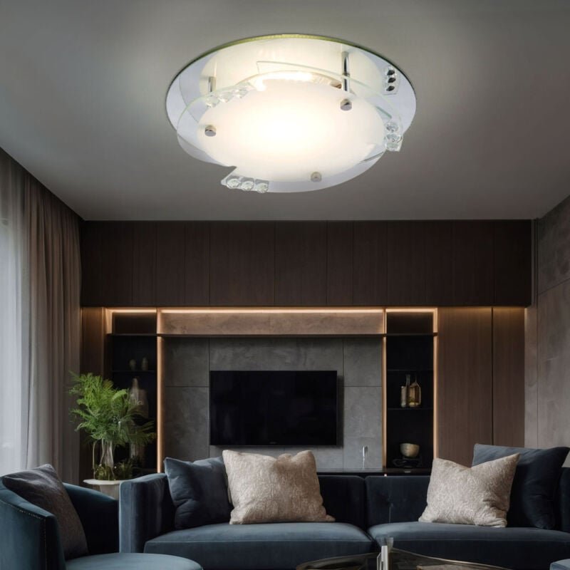 LED Deckenleuchte Kristalle Deckenlampe Glas weiß Wohnzimmerleuchte weiß, 12W 680Lm warmweiß, DxH 25x9,5 cm