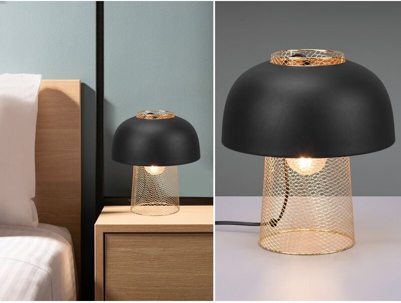 Trio - Tischleuchte punch Metall Schwarz Gold mit Drahtgeflecht, Höhe 28cm