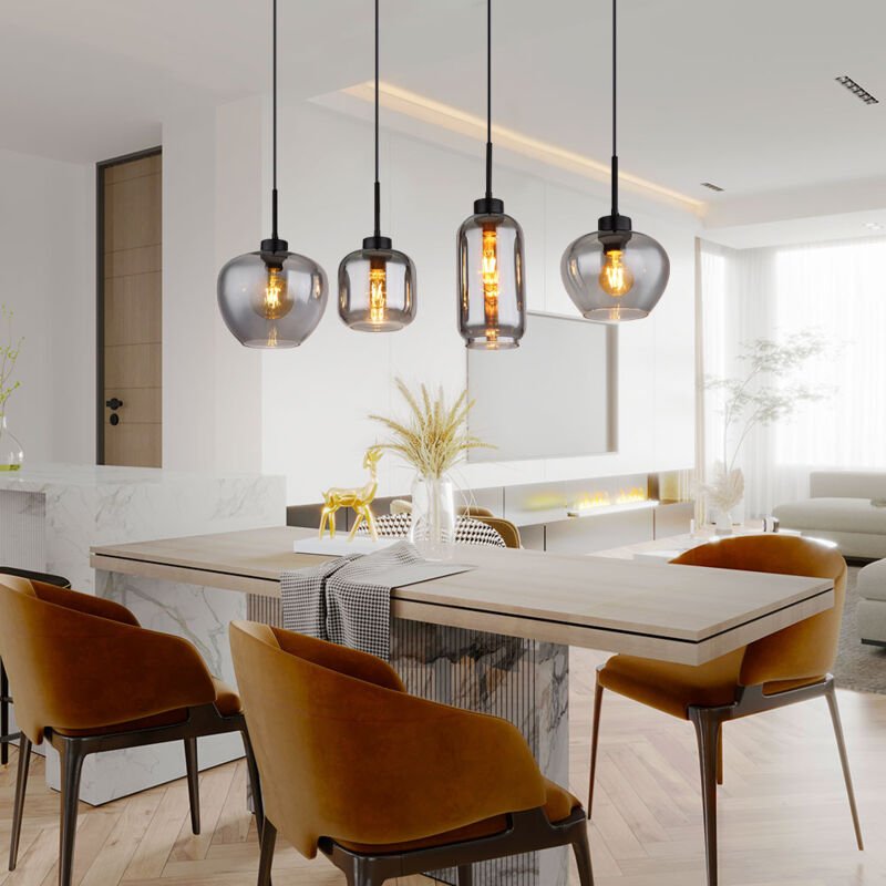 Led Hängeleuchte Rauchglas Pendelleuchte Glas Esszimmerlampe schwarz, Metall, 4x E27 Filament led warmweiß, LxBxH 99,5x2...