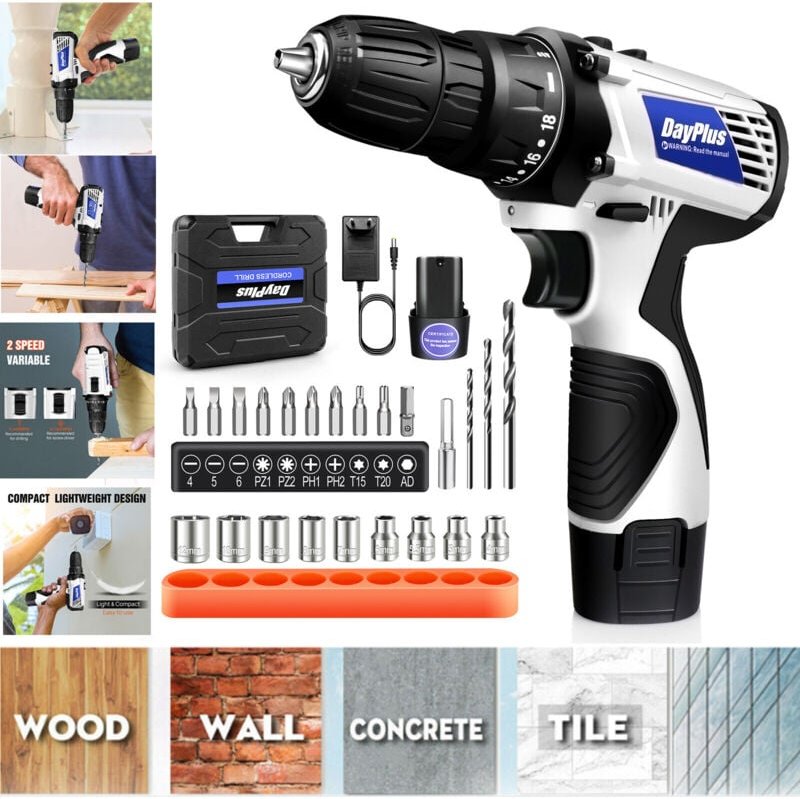 Dayplus - Akkuschrauber Set Bohrschrauber Bohrmaschine Akkubohrer Ladegerät mit Akkus