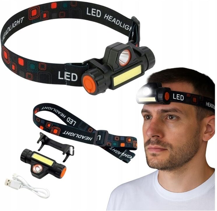 LED-Stirnlampe, wiederaufladbar, 3W + COB, sehr leistungsstark, batteriebetrieben