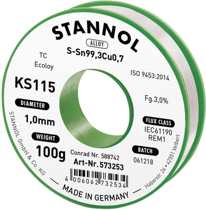 Stannol - KS115 Lötzinn, bleifrei Spule Sn99,3Cu0,7 ROM1 100 g 1 mm