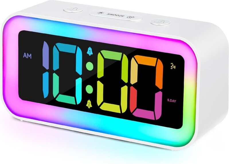 Lauter Wecker fürs Schlafzimmer mit dynamischem RGB-Nachtlicht, Schlafen für Erwachsene, Doppelwecker, Dimmer, USB-Ladeg...