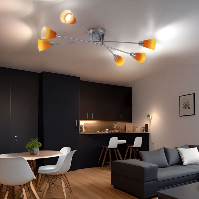 Deckenleuchte Deckenlampe Spotleuchte Wohnzimmerleuchte Schlafzimmer, 6 flammig, Nickel matt Chrom Glas gelb orange, 6x ...