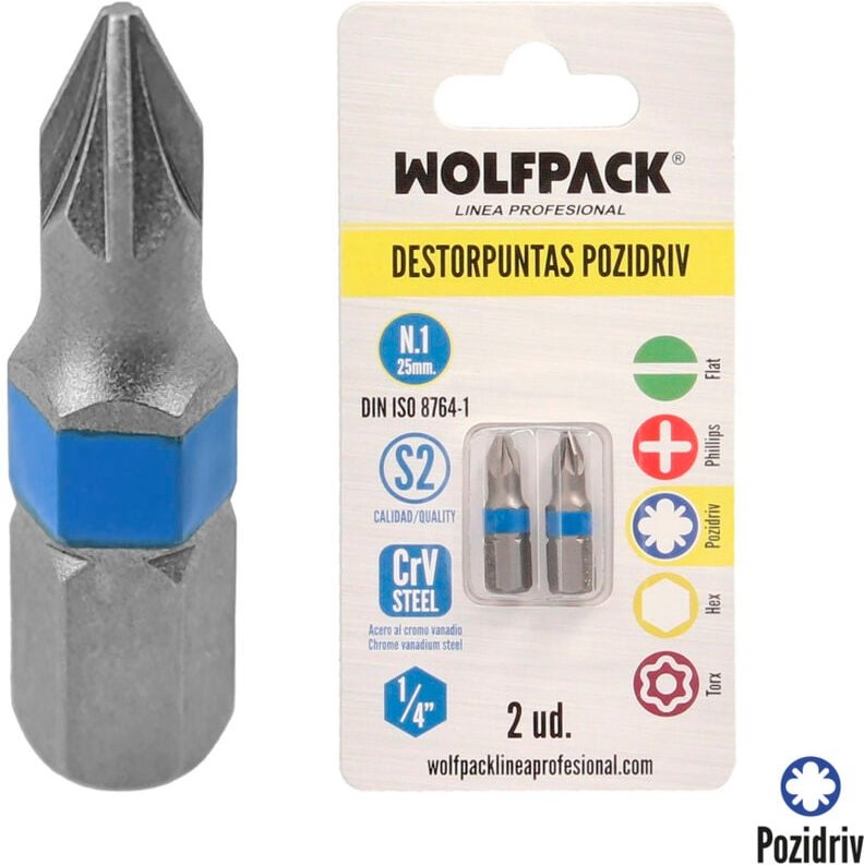 Pozidriv-Schraubendreher-Bits Nr. 1 (2 Stück). S2 Chrom-Vanadium-Stahl. Sechskant-Bits, Spitzenentferner,