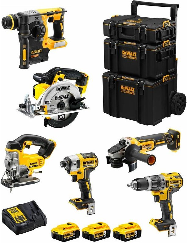 DeWALT Kit DWK600 (DCD796 + DCH273 + DCG405 + DCF887 + DCS331 + DCS391 + 3 x 5,0 Ah + DCB115 + 3en1 Caddy)