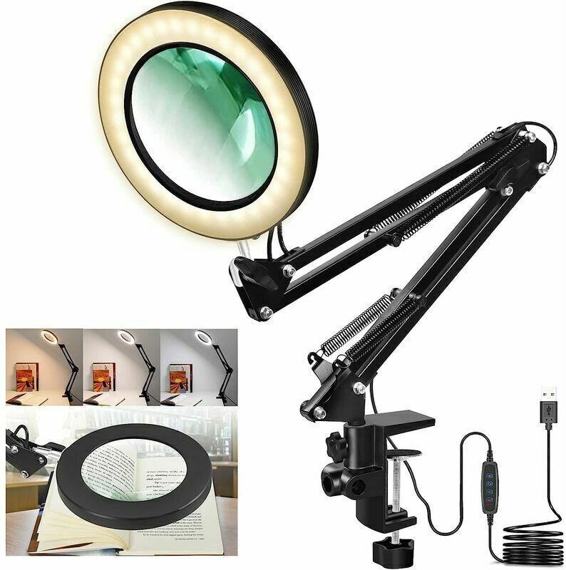 LED-Schreibtischlampe mit 5-facher Vergrößerung, 3 Lichtfarben, 10 dimmbare Helligkeit, USB-betriebene Lupe mit verstell...