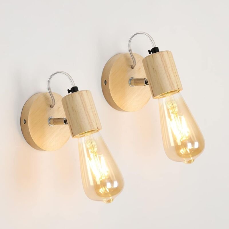 COMELY Set aus 2 Vintage Holzwandlampen, minimalistischer Stil für Schlafzimmer, Wohnzimmer, Büro - E27 Fassung (Glühbir...