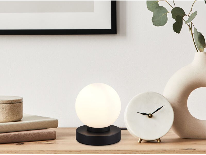 Reality Leuchten - Tischleuchte prinz ii, Glasschirm Weiß Sockel Schwarz - Touchfunktion, Höhe 15cm