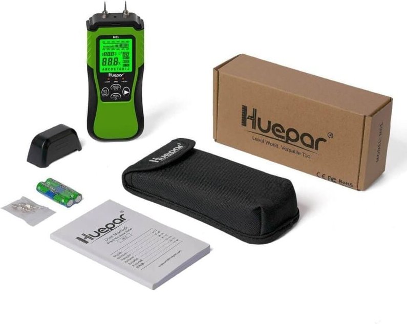 Huepar Digitales Holzfeuchtemessgerät, Stift-Wasserleckdetektor mit 2 Messmodi, 8 Arten von Holzfeuchtetester mit LCD