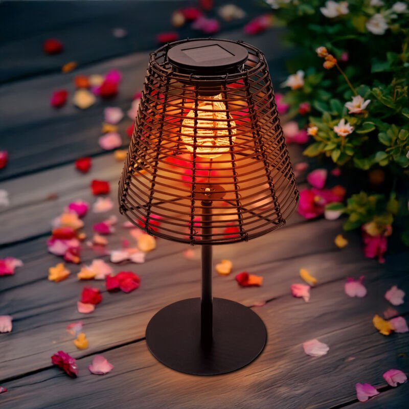Solar Tischleuchte in Rattan Optik schwarz mit led Glühbirne - 33 x 20 cm - Gartenlampe warm weiß beleuchtet