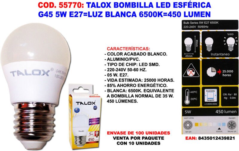 Fplus - Sphärische LED-Glühbirne G45 5W E27 Weiß 6500K 450 Lumen