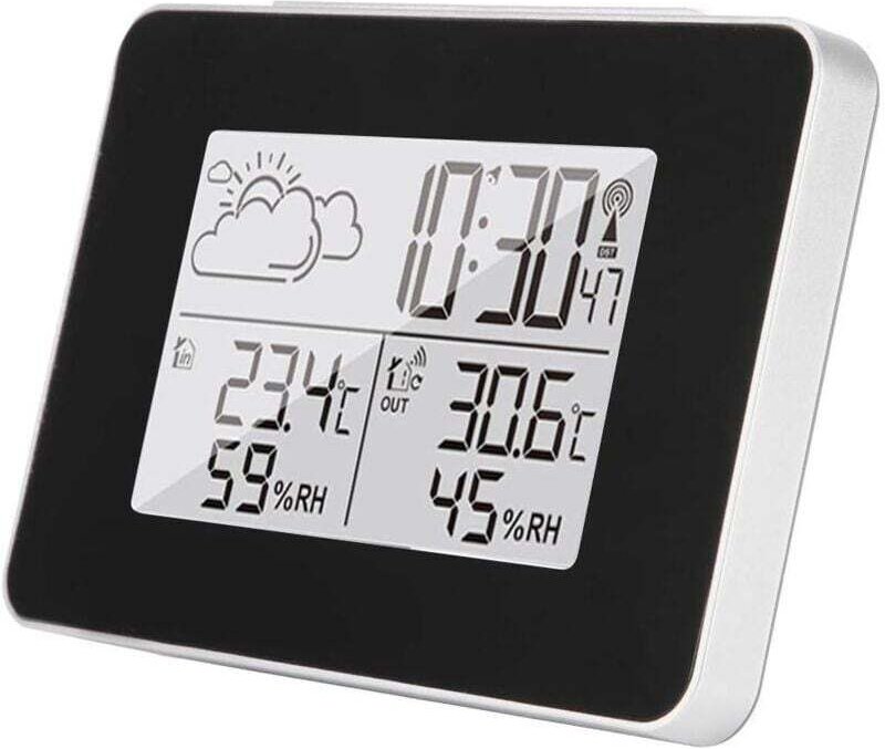 Digitaler Wecker mit Schlummerfunktion, digitale Wetterstation, Uhr, Thermometer, Hygrometer, kabellos für drinnen und d...