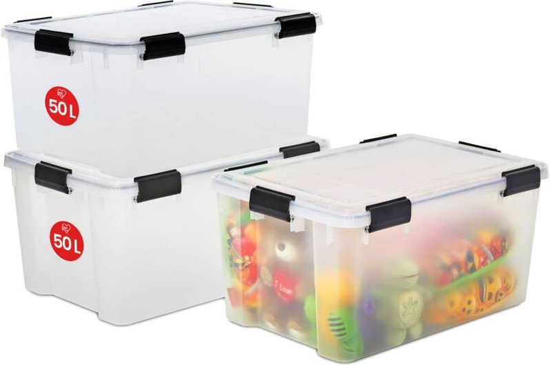 Luftdichte Kunststoff-Aufbewahrungsboxen mit Deckel, 50L, 3er-Set, Transparent, Hermetischer wasserdichter Verschluss, R...