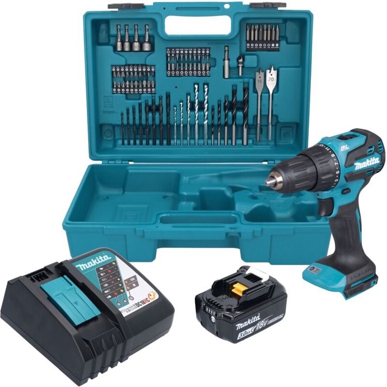 Makita DHP 490 RF1X3 Akku Schlagbohrschrauber 18 V 65 Nm Brushless + 1x Akku 3,0 Ah + Ladegerät + 74 tlg. Zubehör Set + ...