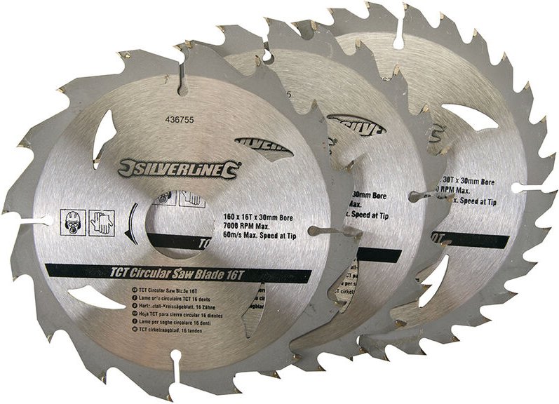 Silverline - Hartmetall-Kreissägeblätter, 16, 24 und 30 Zähne, 3er-Pckg. 160 x 30, Reduzierringe: 20, 16 u. 10 mm