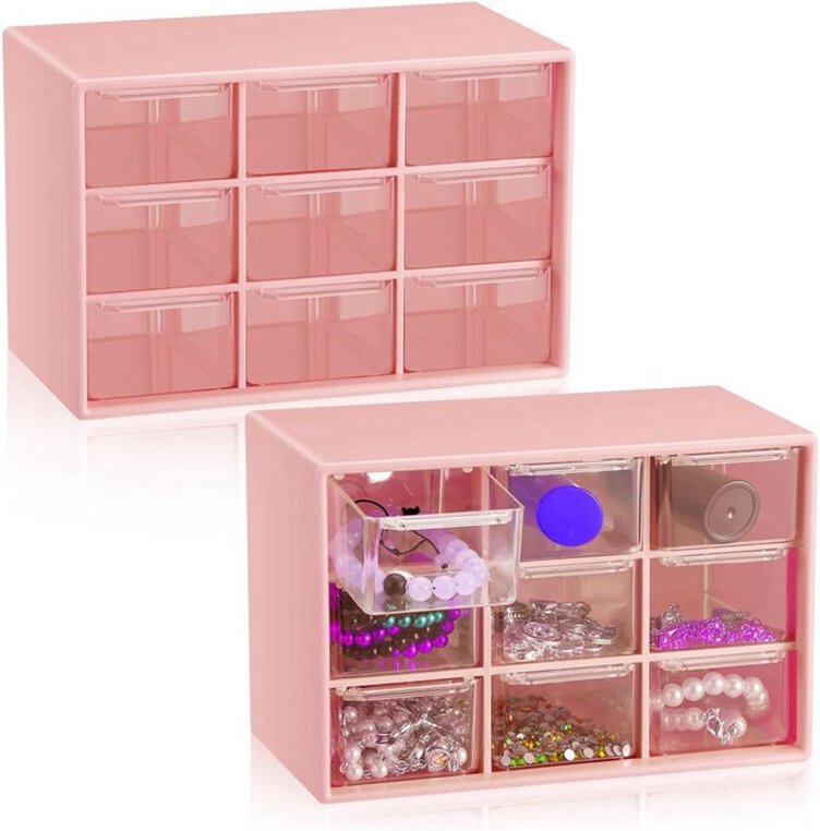 2 Stück kleiner Schubladen-Organizer, 9 Werkzeugkästen, Mini, mit durchsichtigen Schubladen, Schreibtisch-Aufbewahrungsb...