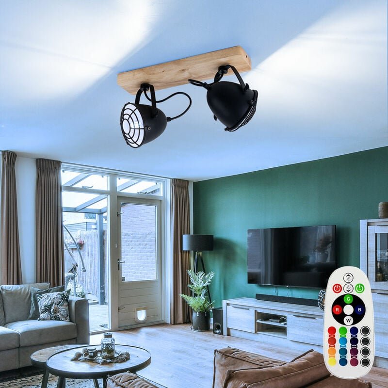 Led Deckenlampe Spotleuchte Wohnzimmerlampe Esszimmerlampe, Metall schwarz Gitter Holz, 2 Flammig E14 Spots beweglich di...