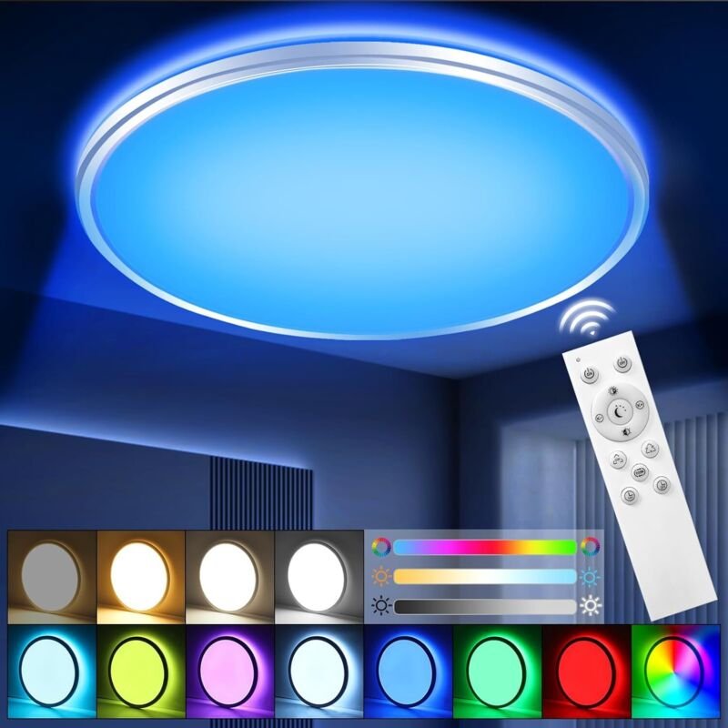 Dimmbare RGB-LED-Deckenleuchte mit Fernbedienung, 24 W/3000 lm, flache runde Deckenleuchte, 3000 K–6500 K, 10 Helligkeit...