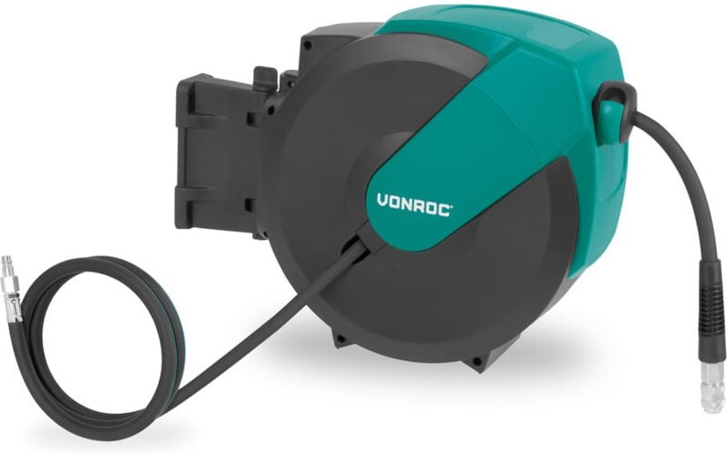Vonroc - pro Automatische Druckluftschlauchtrommel – Inkl. 15m Druckluftschlauch, 1m Anschlussschlauch und Wandmontage-S...