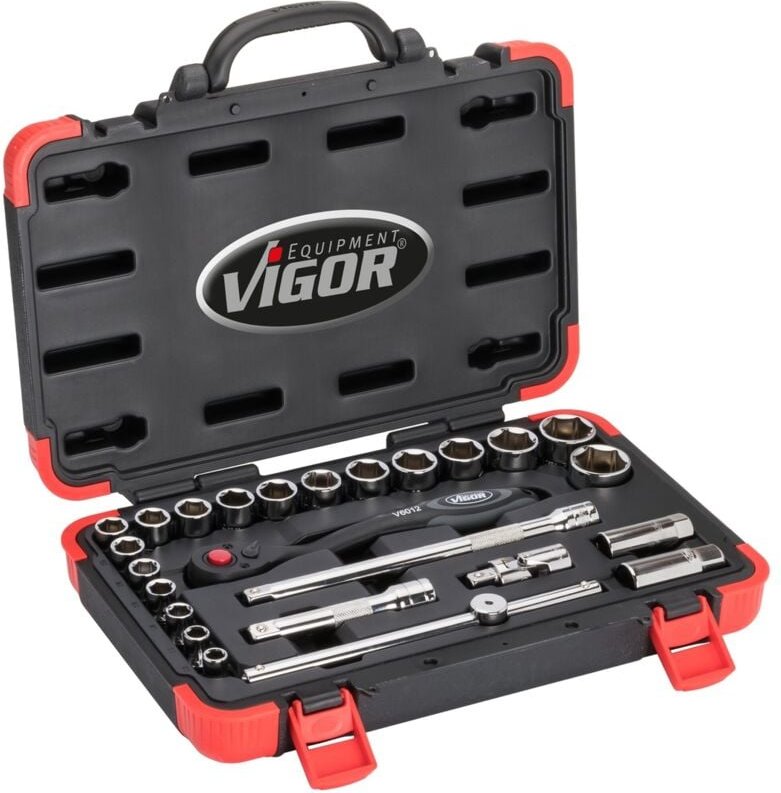 VIGOR Steckschlüssel Satz, 1/2 (12,5 mm) Vierkant hohl, Außen Sechskant Profil, 25-tlg., 10 - 32, Anzahl Werkzeuge: 25