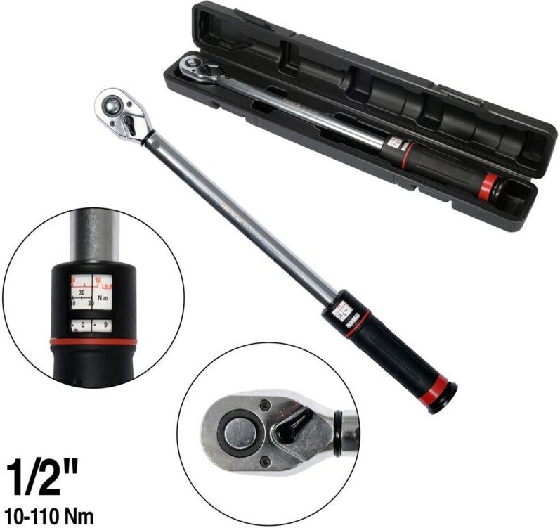 YATO Drehmomentschlüssel mit analoger Anzeige Feinjustierung Wende Ratschenkopf +1/2" 10-110 Nm YT-07607