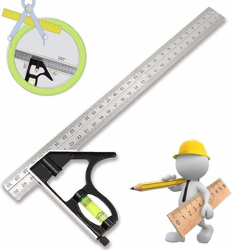 Squadra combinata, Righello angolare regolabile, Squadra angolare in acciaio inox con livella a bolla - Strumento di mis...