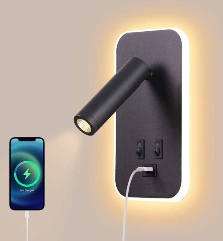 LED-Wandleuchte, Leselampe am Bett mit Schalter, USB-Ladeanschluss, Stimmungsbeleuchtung für Schlafzimmer, verstellbarer...