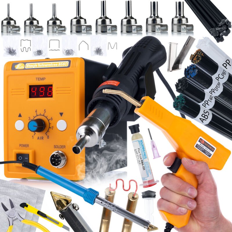 Rosfix Set 858D – Heißluft-Lötstation 700 W mit 8 Düsen, Flux, Netz & Kunststoff-Schweißdrähten 100–500 °C regelbar Für ...