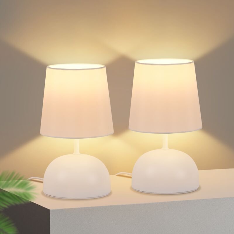 Thumbnail - Nachttischlampe 2er Set Tischlampe mit Kabel - Tischleuchte Weiß Stoff Nachtlampe Modern Schlafzimmer Bettlampe Design K...