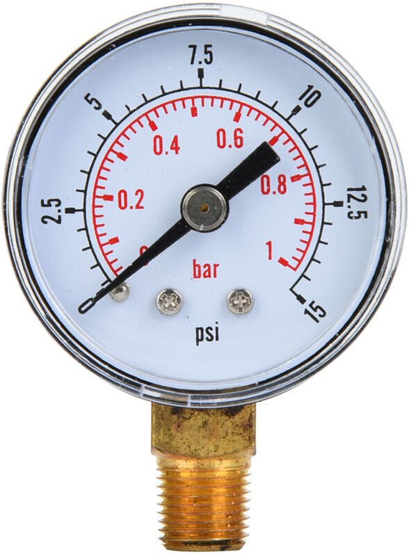 Mechanisches Manometer mit 1/8" BSPT-Anschluss, untenliegender Anschluss für Luft, Öl, Wasser (0-15 psi, 0-1 bar)