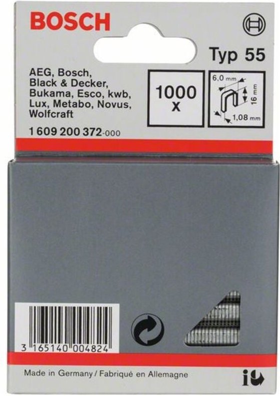 Schmalrückenklammer Typ 55, 16, 1000er-Pack, für Druckluftnagler/Drucklufthefter - Bosch