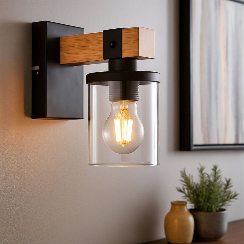 Thumbnail - Wandlampe Wandleuchte Wohnzimmerlampe Flurleuchte rauchfarben Holz, Metall Glas, 1x E27, BxH 10x22,5 cm