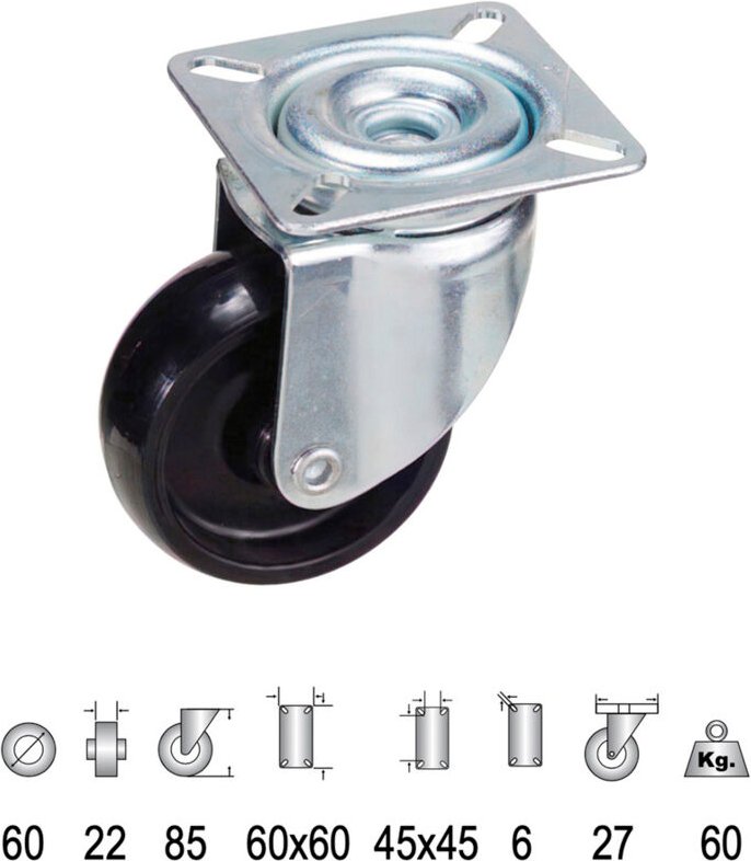 Schwarze Haushaltsrolle aus Polyamid mit Platte 60 mm.