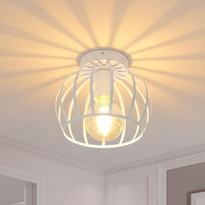 Comely - Vintage Deckenleuchte E27, Halbschnitzer Deckenlampe weiß weiße Deckenlampenschatten Metall, Retro Deckenlampe ...