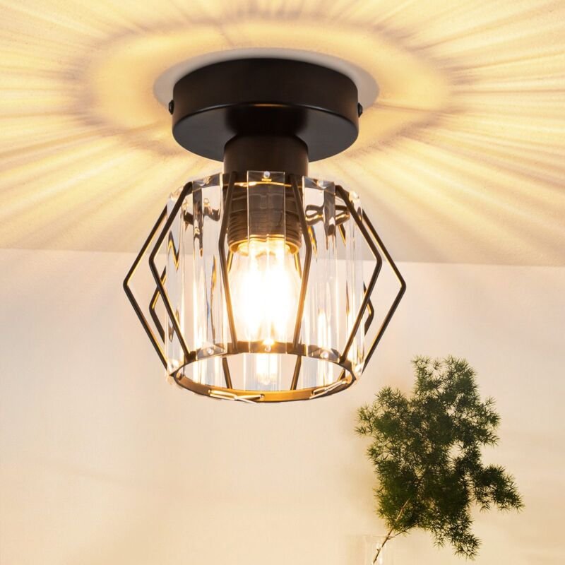 Gbly - Deckenleuchte Schwarz Deckenlampe Kristall: Modern Flurlampe E27 Küchenlampe mit Metall Rahmen Vintage Innen Deck...