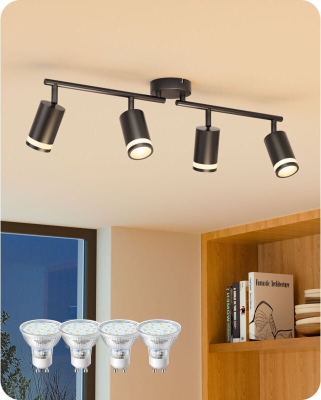 EDISHINE Deckenstrahler 4 Flammig Schwarz, LED Deckenleuchte Schwenkbar 340°, inkl. 4 GU10-Lampen 3000K