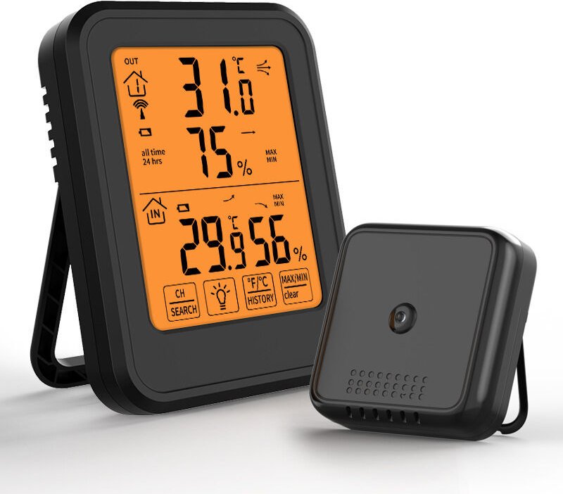 Thermomètre hygromètre numérique noir, thermomètre hygromètre intérieur et extérieur avec capteur extérieur sans fil, ré...
