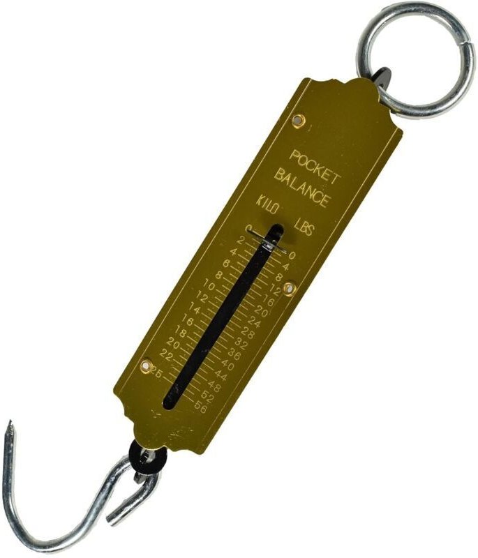 Taschengroße, federbelastete Angelwaage mit einer Tragkraft von bis zu 25 kg