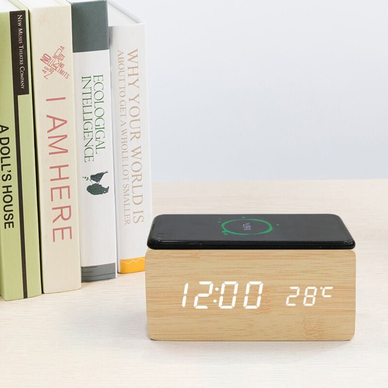 Weihnachtsgeschenk, digitaler Wecker aus Holz, kabelloses Smartphone-Ladegerät, kompatibel mit Induktionsladung, Digital...