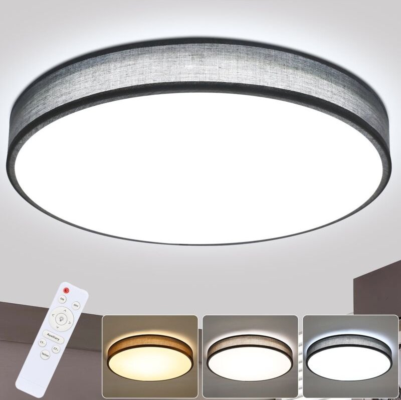 Deckenleuchte led Deckenlampe Schlafzimmer - 38CM Rund Modern Stoff Wohnzimmerlampe Dimmbar mit Fernbedienung 38W Grau S...