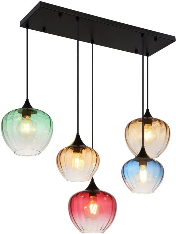 Esszimmerleuchte Hängelampe Pendelleuchte E27 5-Flammig Glas bunt schwarz Rillen