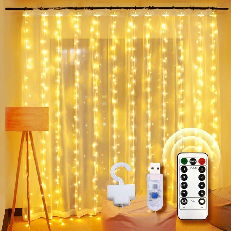 Beijiyi - Vorhang-Lichterkette, 3 m x 3 m, Vorhang-Lichter, led 8 Beleuchtungsmodi, USB-Vorhang-Lichter, Weihnachtsdekor...