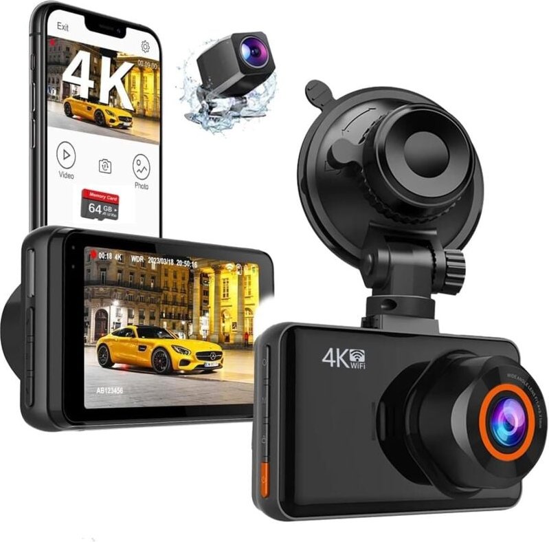 Dashcam vorne und hinten, 4K/1080P Dual-Autokamera mit WLAN, 3-Zoll-Full-HD-IPS-Bildschirm, App-Steuerung (Schwarz)